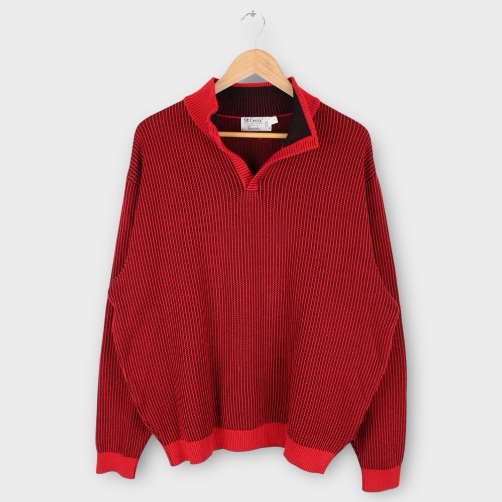 Vintage St. Croix Red Black Knit Sweater XL Made in USA Collared Retro